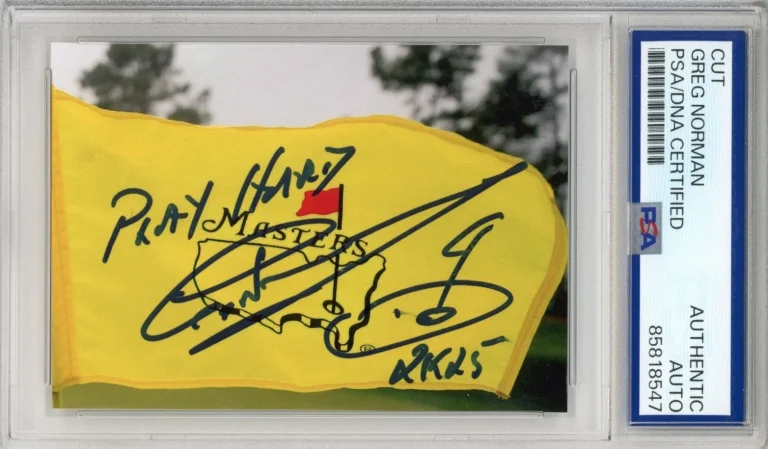 GREG NORMAN SIGNED MASTERS GOLF FLAG PICTURE PHOTOGRAPH PSA DNA COA AUTOGRAPH