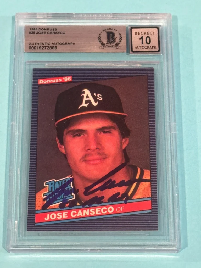 JOSE CANSECO Signed 1986 DONRUSS Card #39 Beckett (BAS) AUTO 10 w/ Inscrip