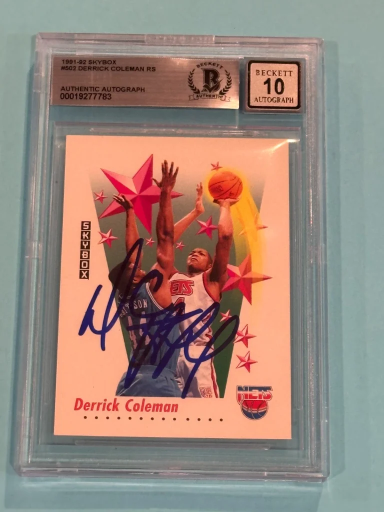 DERRICK COLEMAN Signed 1991-92 SKYBOX Card #502 Beckett (BAS) AUTO 10