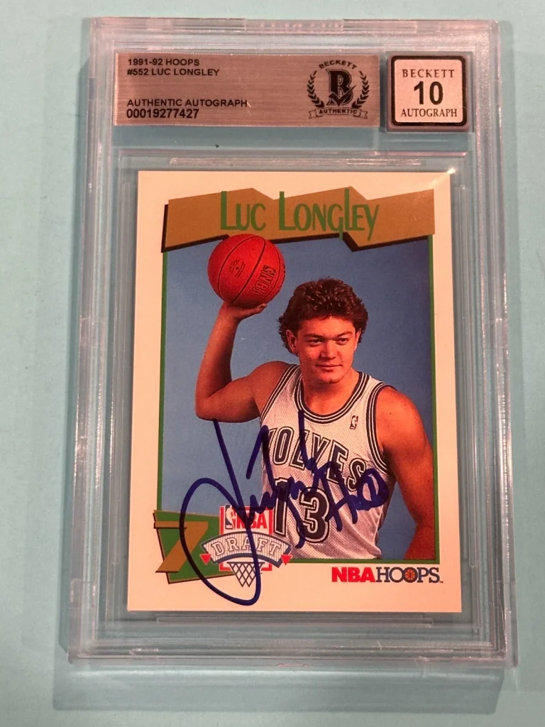 LUC LONGLEY Signed 1991-92 HOOPS Card #552 Beckett (BAS) AUTO 10