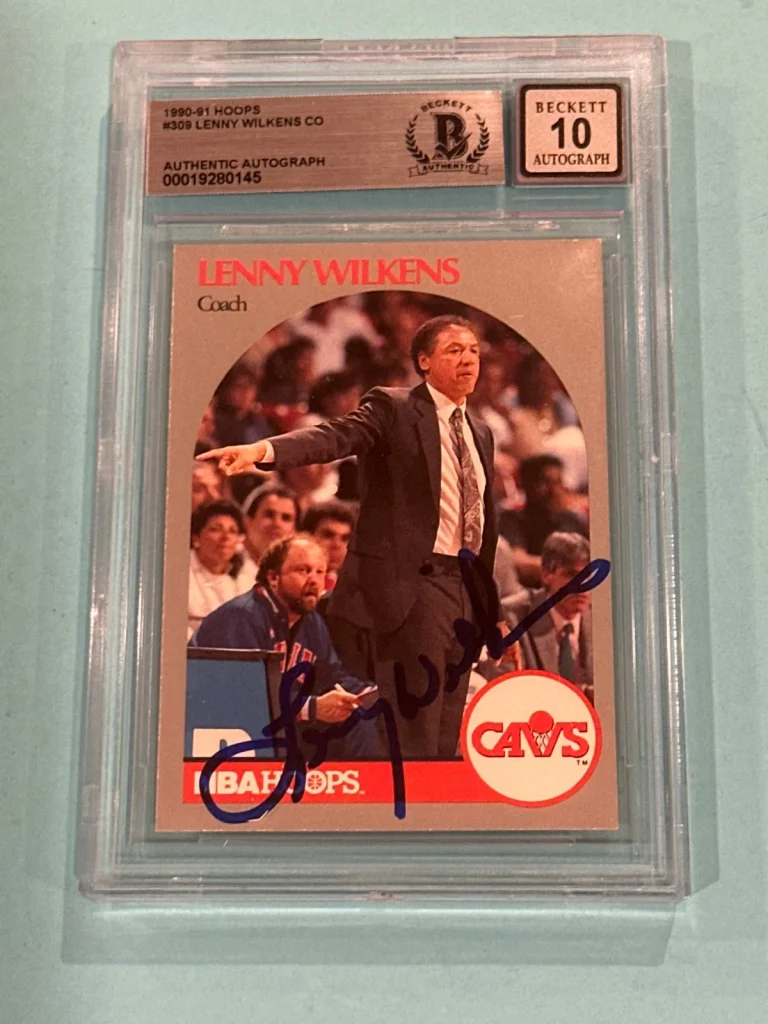 LENNY WILKENS Signed 1990-91 HOOPS Card #309 Beckett (BAS) AUTO 10