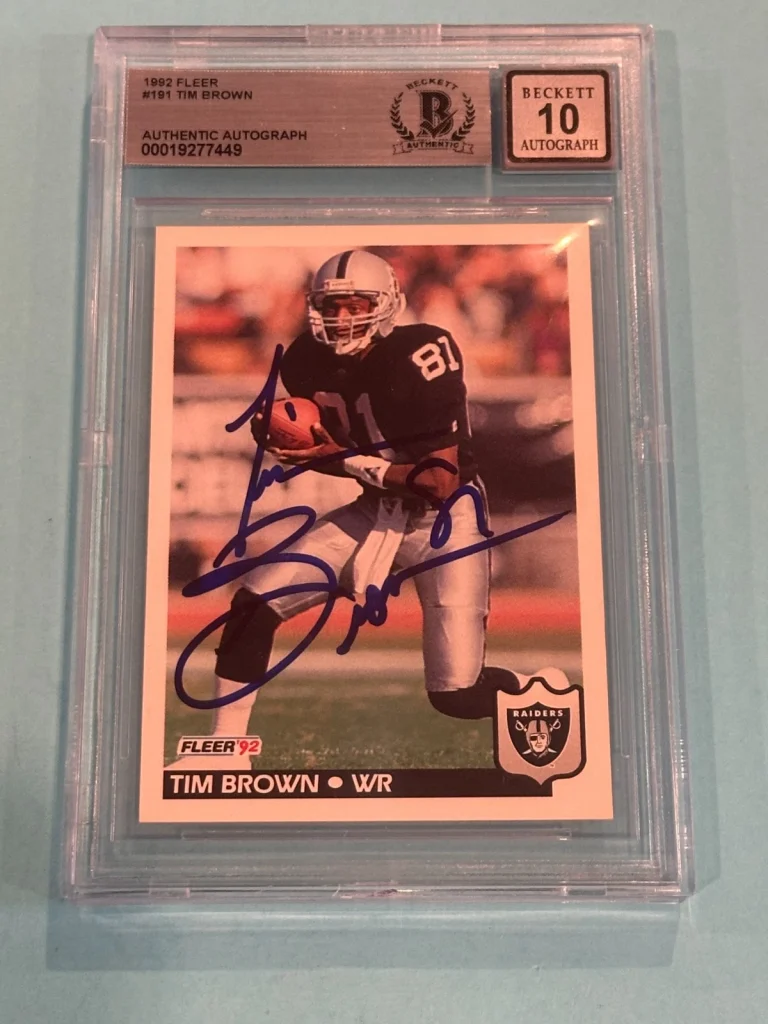 TIM BROWN Signed 1992 FLEER Card #191 Beckett BAS AUTO 10