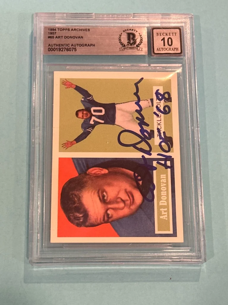 ART DONOVAN Signed 1994 TOPPS ARCHIVES Card #65 Beckett BAS AUTO 10 w/ HOF Insc
