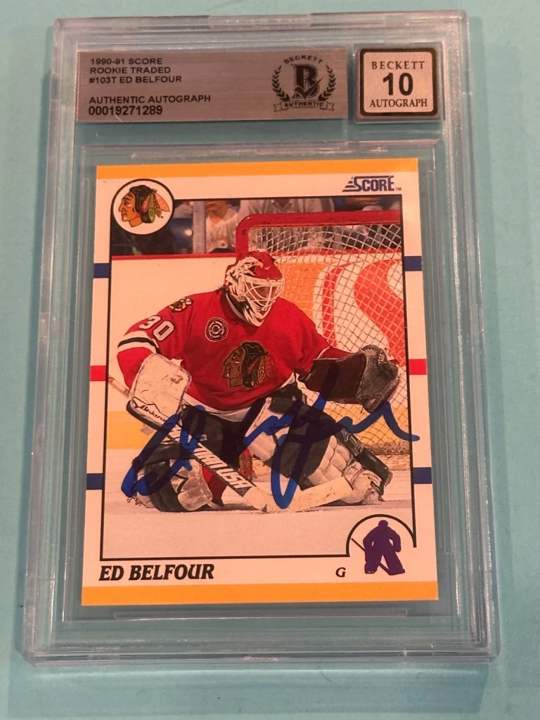 ED BELFOUR Signed 1990-91 SCORE ROOKIE TRADED Card #103T Beckett BAS AUTO 10