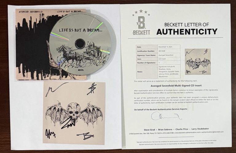 BAND SIGNED Avenged Sevenfold Life Is But A Dream Card & CD Beckett BAS COA AUTO