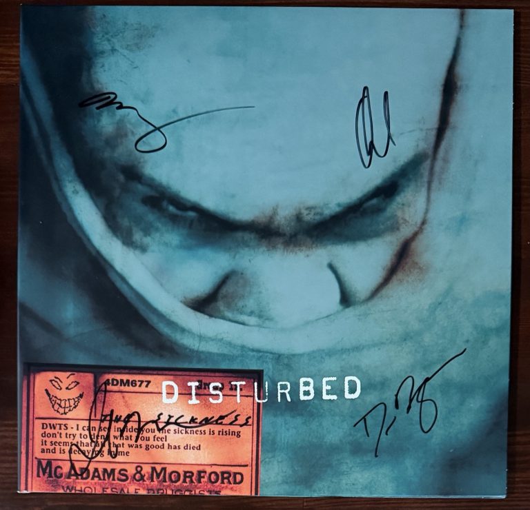 FULL BAND SIGNED DISTURBED THE SICKNESS GREEN VINYL BECKETT BAS COA AUTOGRAPH