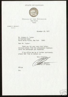 Robert F. Bennett signed letter Frmr Gov of Kansas