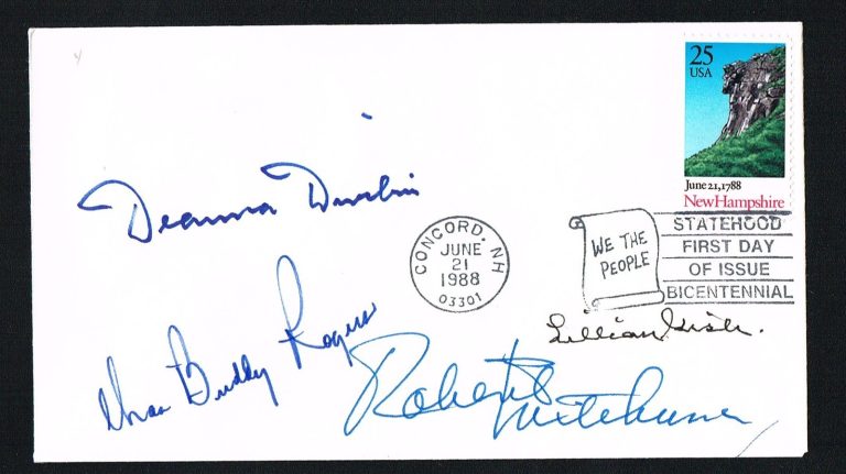 Lillian Gish, Charles Buddy Rogers, Robert Mitchum & Deanna Durbin signed FDC