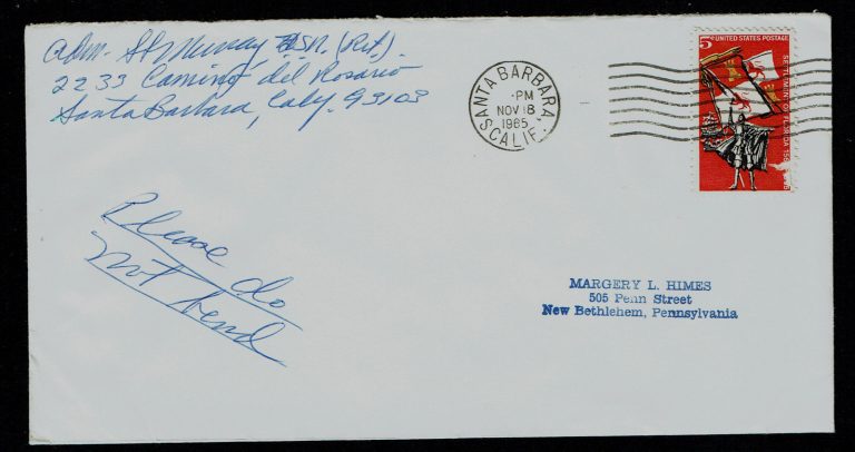 Stuart S. Murray (d. 1980) signed autograph Envelope Vice Admiral of US Navy WWI