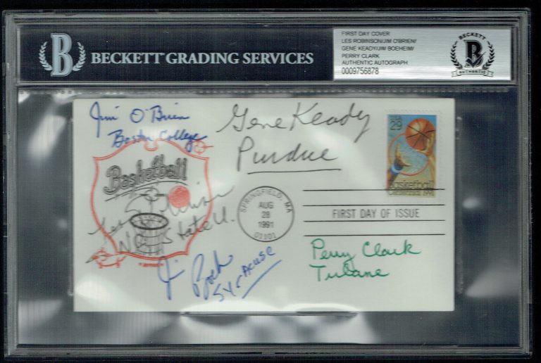 FDC signed autographed Jim Boeheim, Gene Keady, Perry Clark +2 Others BAS Slab