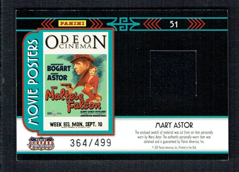 Mary Astor 2011 Panini Americana Material Swatch Card The Maltese Falcon 366/499