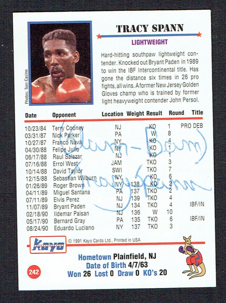 Tracy Spann #242 signed autograph auto 1991 KAYO Boxing Trading Card