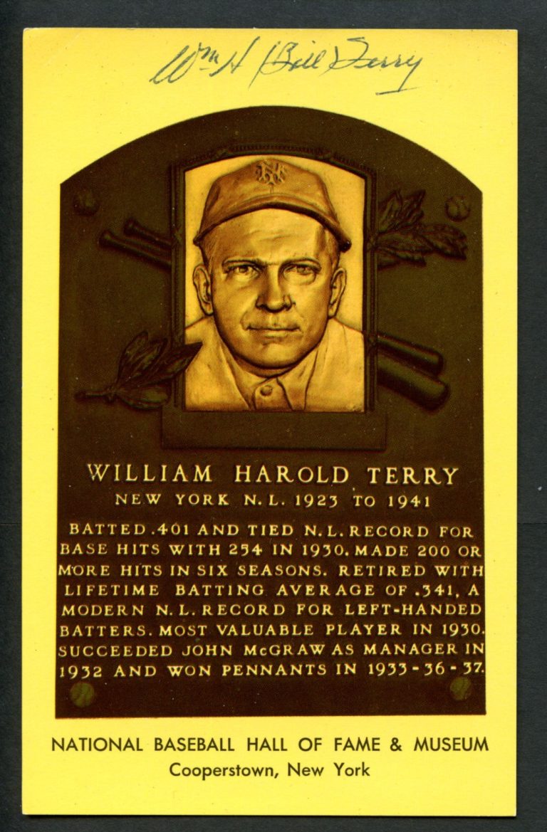 William Bill Terry d 1989 signed autograph Baseball Hall of Fame Plaque Postcard