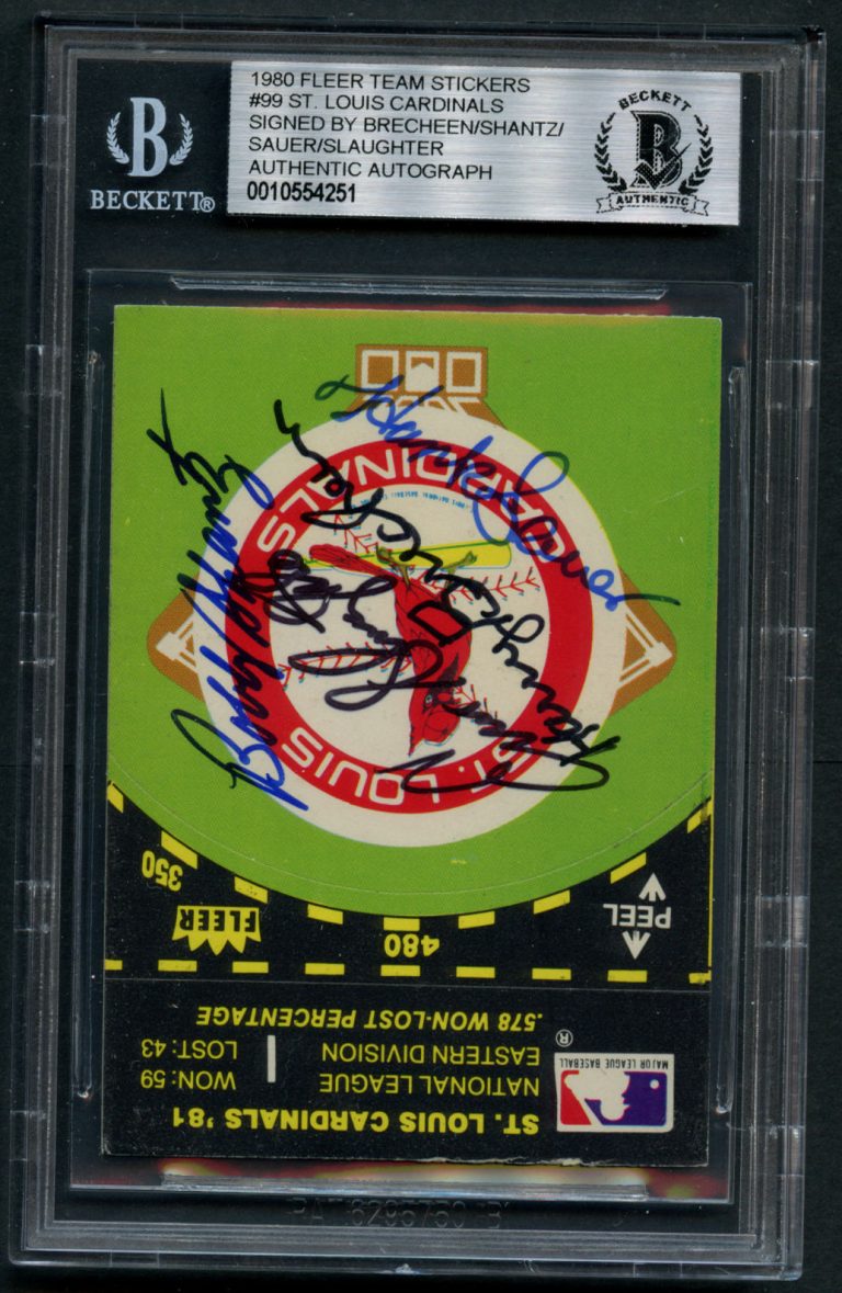 Brecheen, Shantz, Sauer & Slaughter signed auto 1980 Fleer Cardinals BAS Slabbed