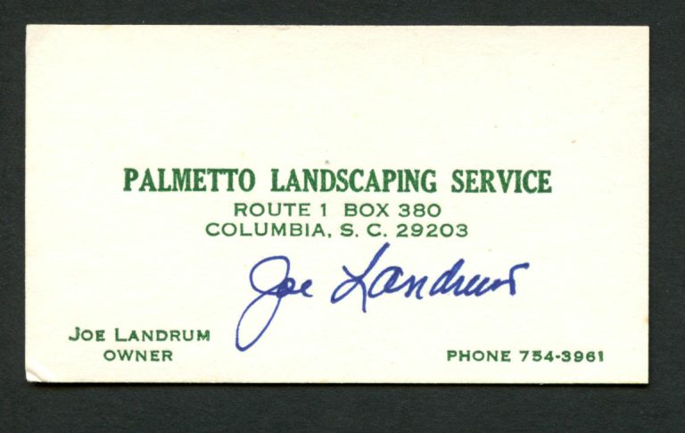 Joe Landrum signed autograph Palmetto Landscaping Owner Business Card BC314