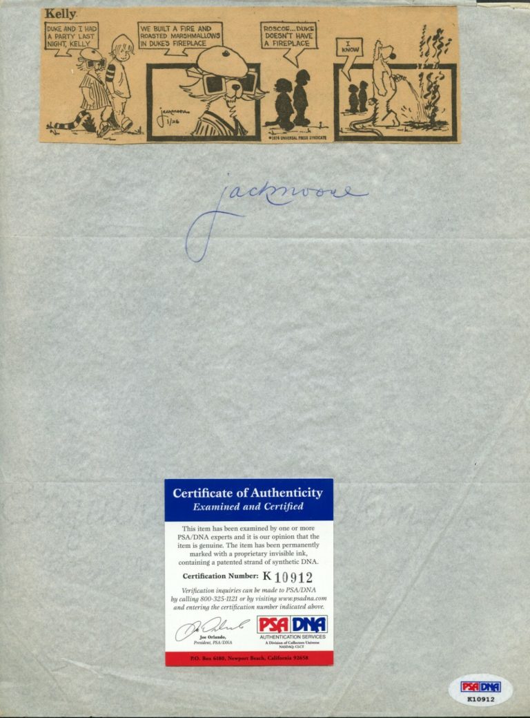 Jack Moore signed auto Sheet of Paper Creator of Kelly & Duke Comic Strip PSA