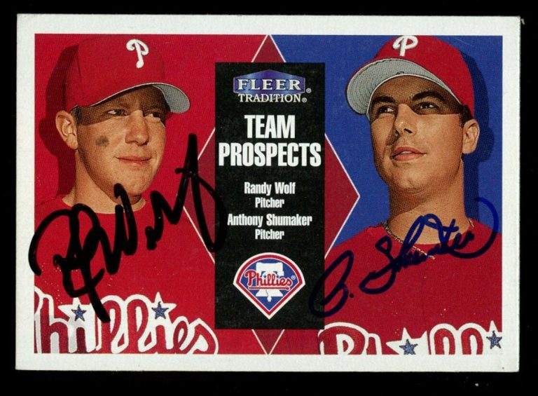 Randy Wolf + Anthony Shumaker #252 signed autograph 2000 Tradition Baseball Card