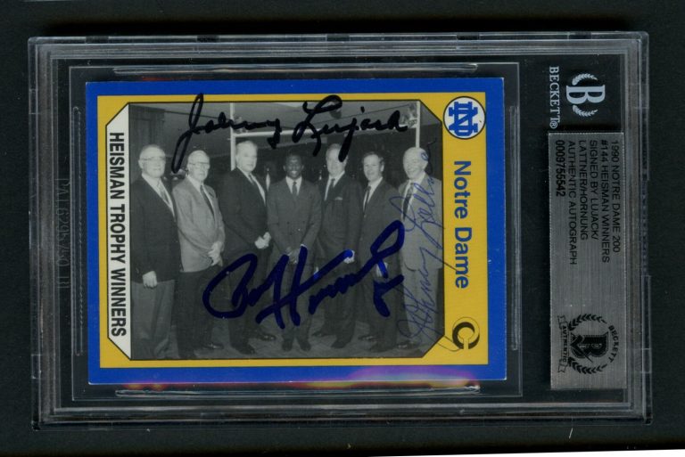 Paul Hornung, Johnny Lujack & Lattner signed auto 1990 Notre Dame Heisman PSA