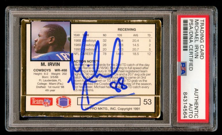 Michael Irvin #53 signed autograph 1991 Action Packed Football Card PSA Slabbed