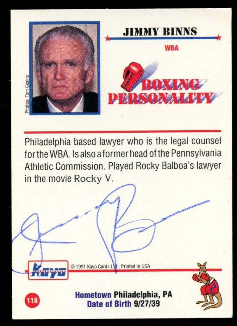 Jimmy Binns #118 signed autograph auto 1991 KAYO Boxing Trading Card