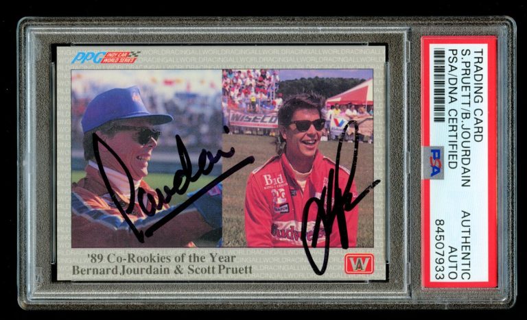 Scott Pruett & Bernard Jourdain #64 signed autograph 1991 PPG Indy Card PSA Slab