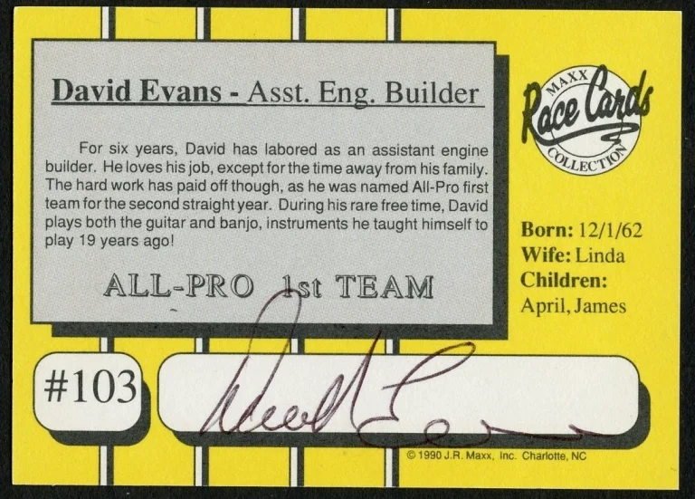 David Evans #103 signed autograph auto 1990 Maxx NASCAR Racing Trading Card