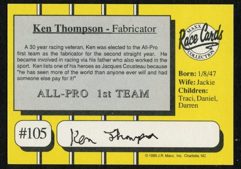 Ken Thompson #105 signed autograph auto 1990 Maxx NASCAR Racing Trading Card