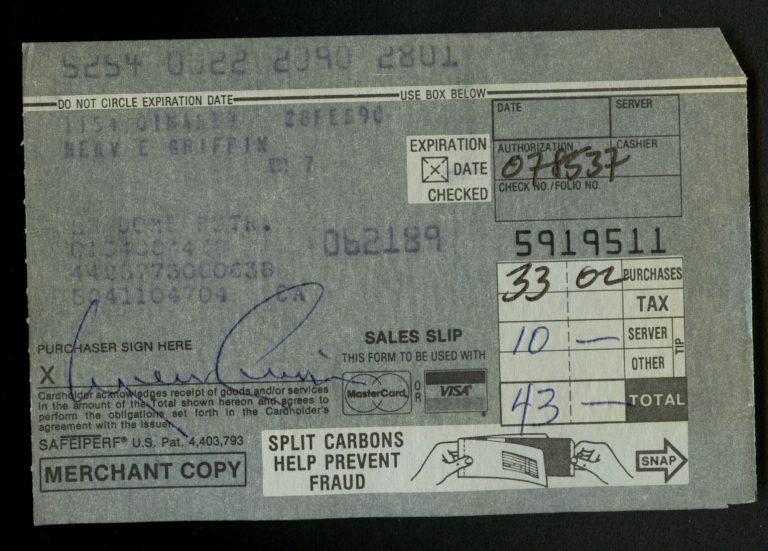 Merv Griffin signed autograph Credit Card Receipt Le Dome Restaurant Hollywood