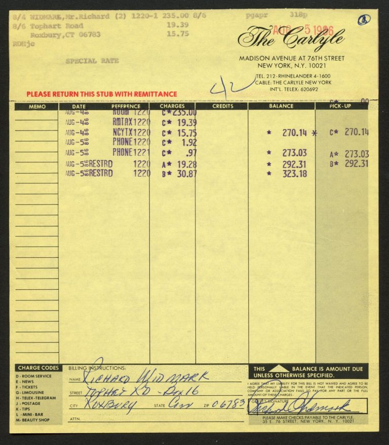 Richard Widmark signed autograph auto The Carlyle Hotel New York Folio Receipt