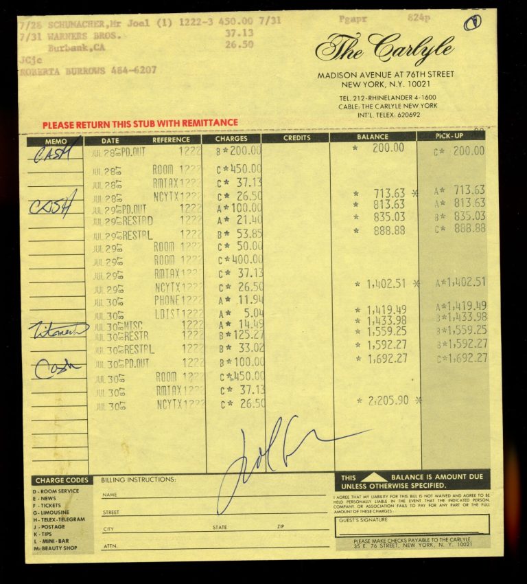 Joel Schumacher d2020 signed autograph The Carlyle Hotel New York Folio Receipt