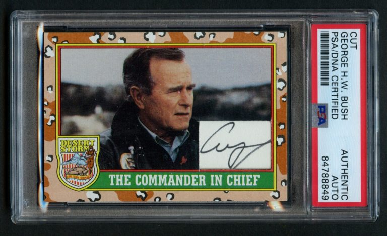 George H.W. Bush #1 signed autograph Custom Cut 1991 Topps Desert Storm Card PSA