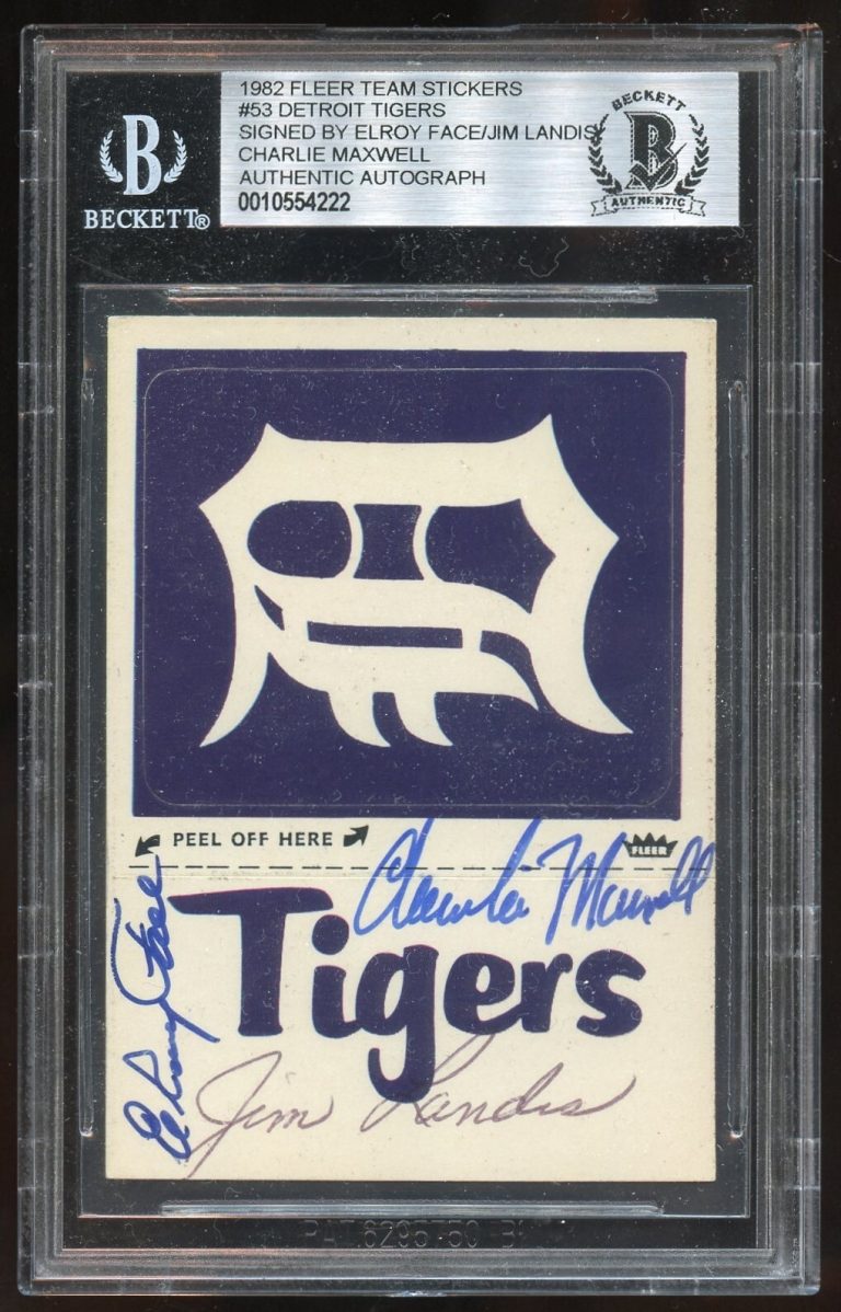 Elroy Face, Jim Landis & Charlie Maxwell signed auto 1982 Fleer Sticker BAS