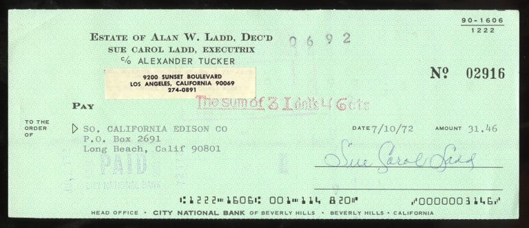 Sue Carol d1982 signed check auto American Actress and Talent Agent