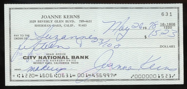 Joanna Kerns signed check American Actress as Maggie Seaver on Growing Pains
