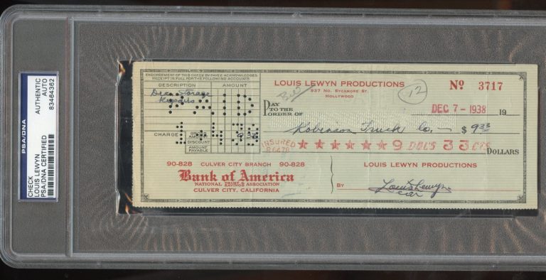 Louis Lewyn signed autograph Bank Check Producer Mary of the Movies PSA Slabbed