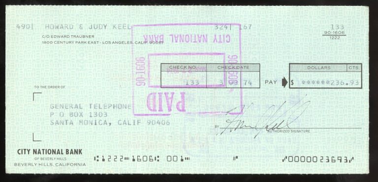 Howard Keel d2004 signed check auto American Actor as Clayton Farlow on Dallas