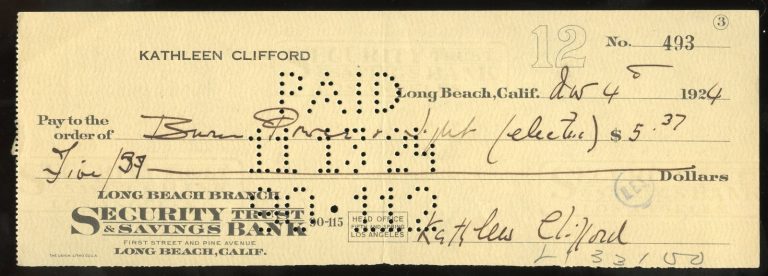 Kathleen Clifford d1962 signed check auto Vaudeville and Broadway Actress