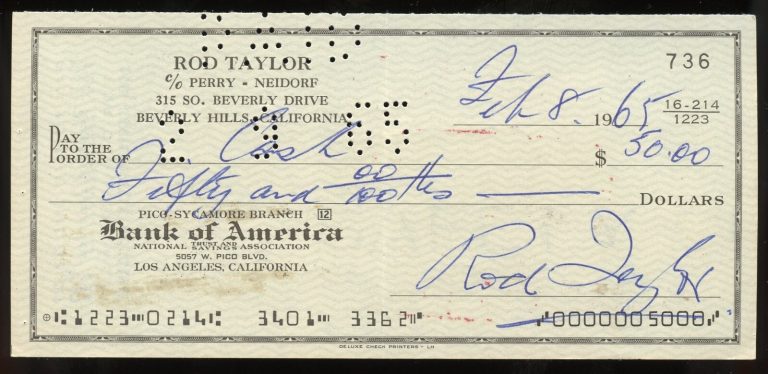 Rod Taylor d2015 signed check auto American Actor as Mitch Brenner in The Birds