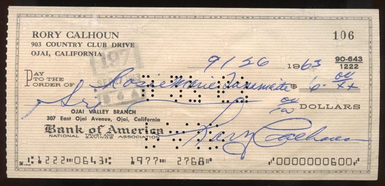 Rory Calhoun d1999 signed check auto American Actor How To Marry a Millionaire