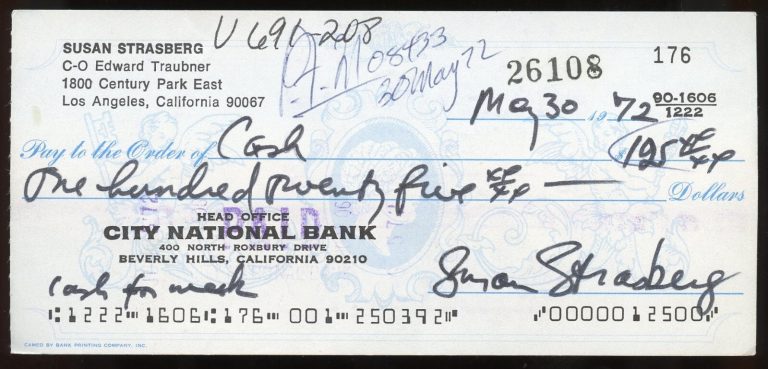 Susan Strasberg d1999 signed check auto Broadway Actress Diary of Anne Frank