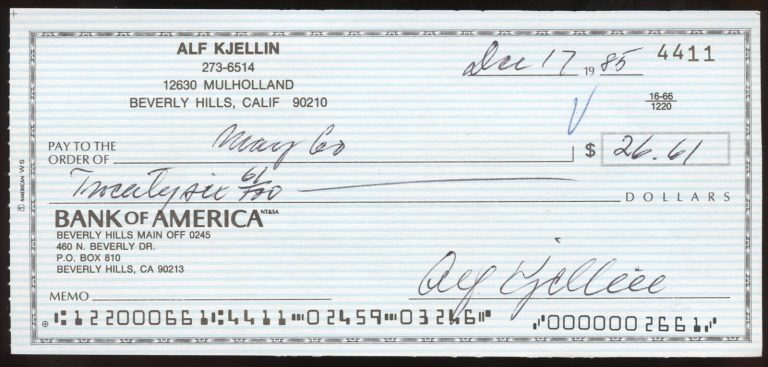 Alf Kjellin d1988 signed check auto American Film Actor and Director