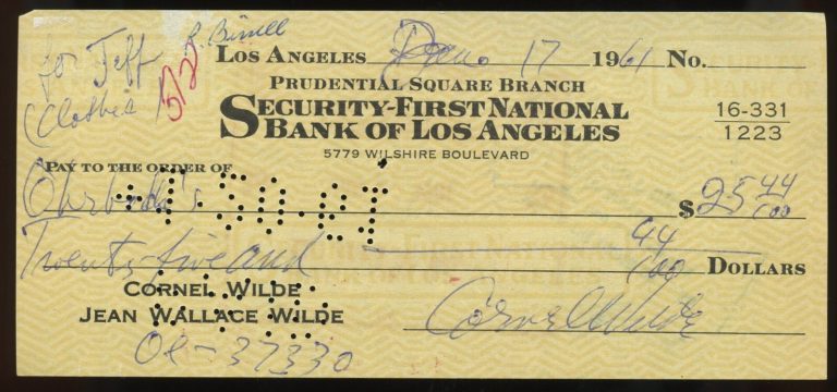 Cornel Wilde d1989 signed check auto American Actor in A Song to Remember