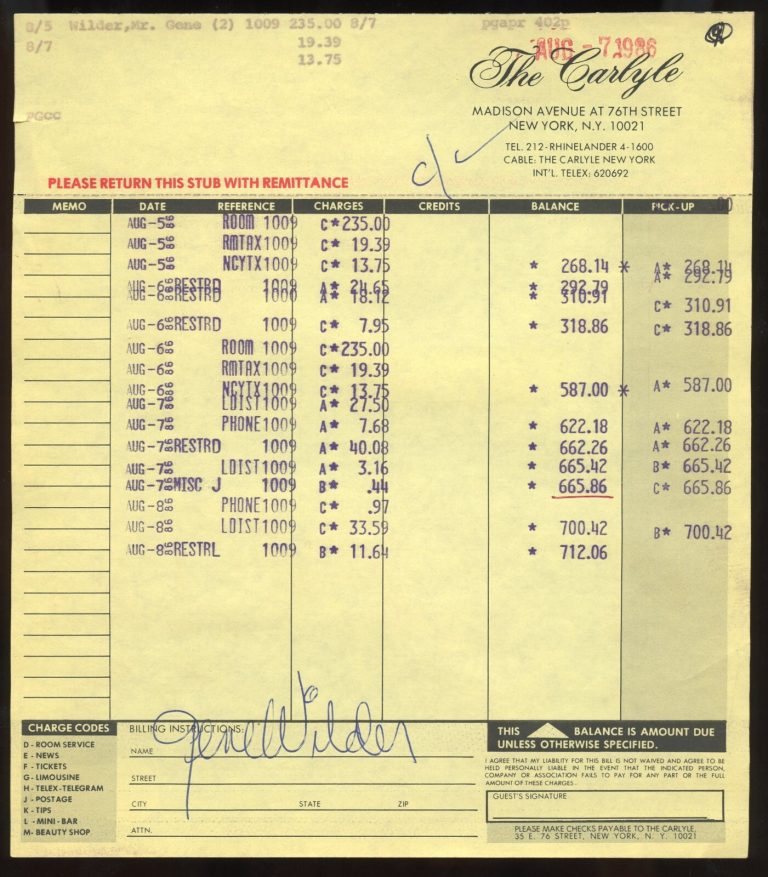 Gene Wilder signed autograph The Carlyle NY Hotel Folio Receipt BAS Sticker