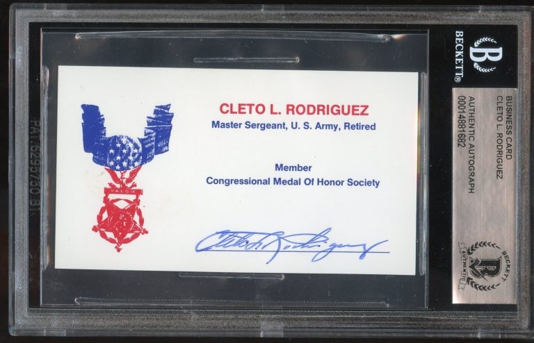Cleto L. Rodriguez d1990 signed autograph Airforce WWII MOH Business Card BAS