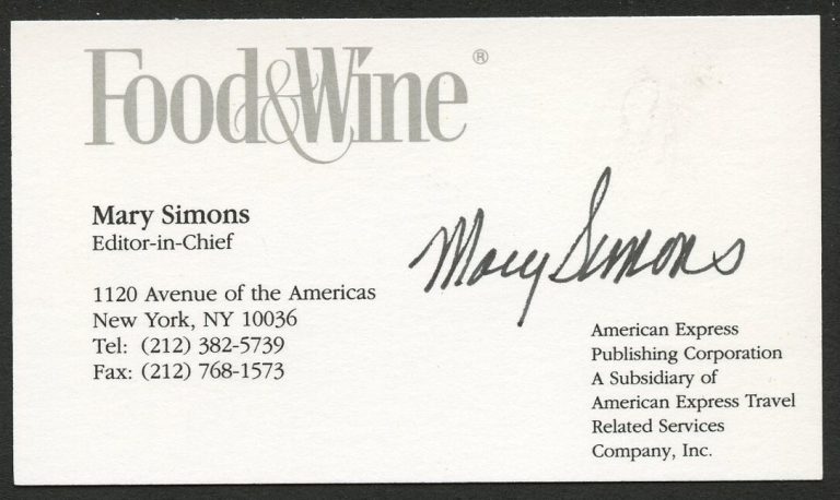 Mary Simons signed autograph Editor-in-Chief Food & Wine Business Card BC477