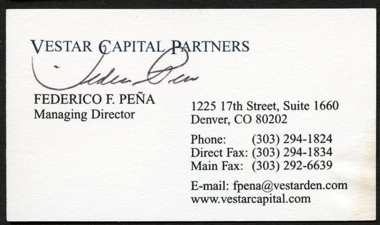 Federico F Pena signed auto Director Vestar Capital Partners Business Card BC470