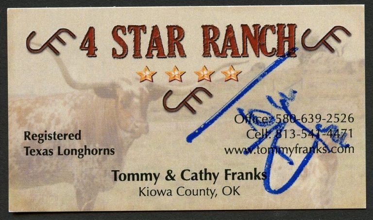 Tommy Franks signed autograph Four Star Ranch Texas Longhorn Business Card BC425