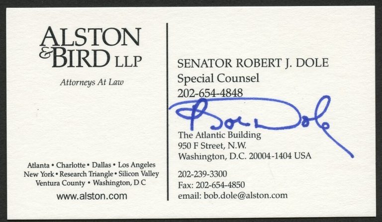 Robert J Dole signed autograph Counsel Allston & Bird LLP Business Card BC430