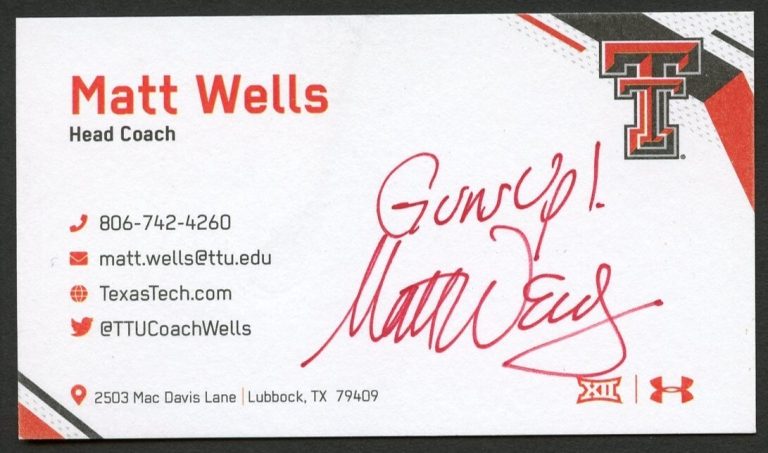 Matt Wells signed autograph Football Head Coach Texas Tech Business Card BC142