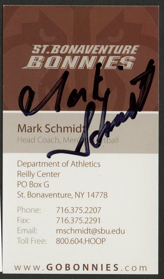 Mark Schmidt signed autograph Head Coach Bonaventure Bonnies Business Card BC108